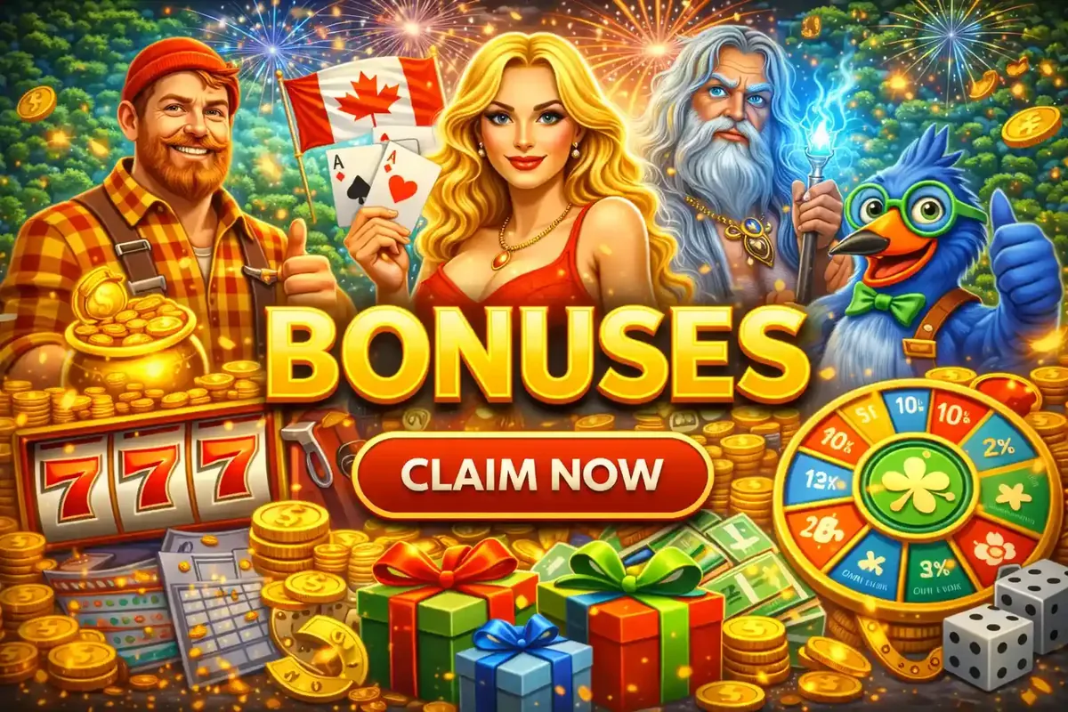 Canadian casino bonus offers with lumberjack blonde woman wizard and bonus wheel