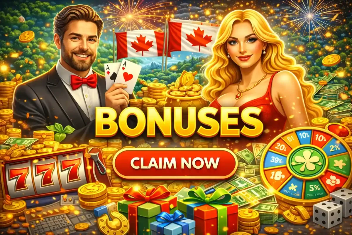Attractive Canadian casino bonuses with elegant couple maple leaf flags and CLAIM NOW button
