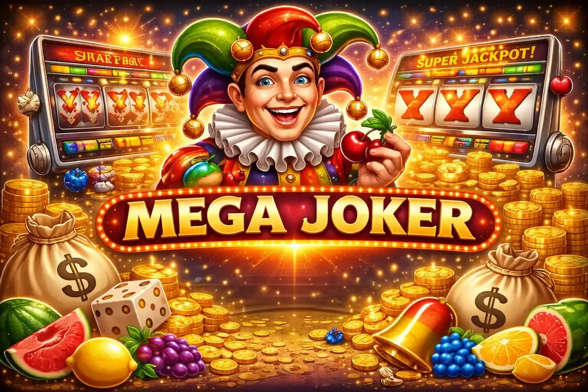Mega Joker slot game with cheerful jester character and Super Jackpot slot machines