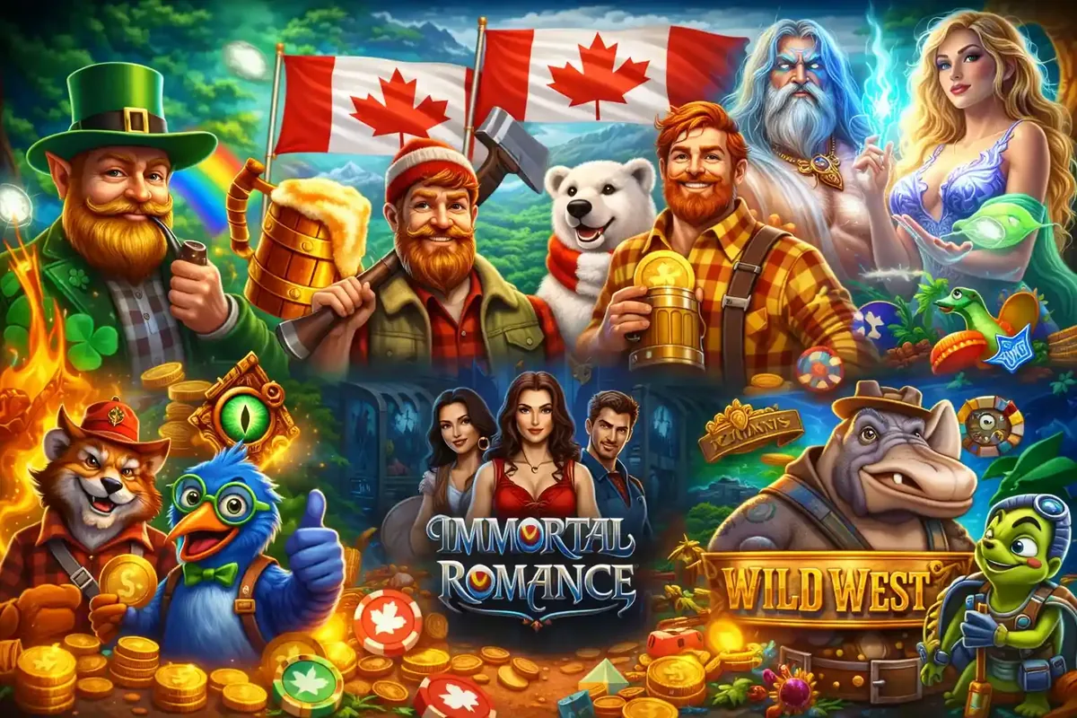 Diverse Canadian casino game collection featuring Immortal Romance Wild West slots and cheerful mascot characters