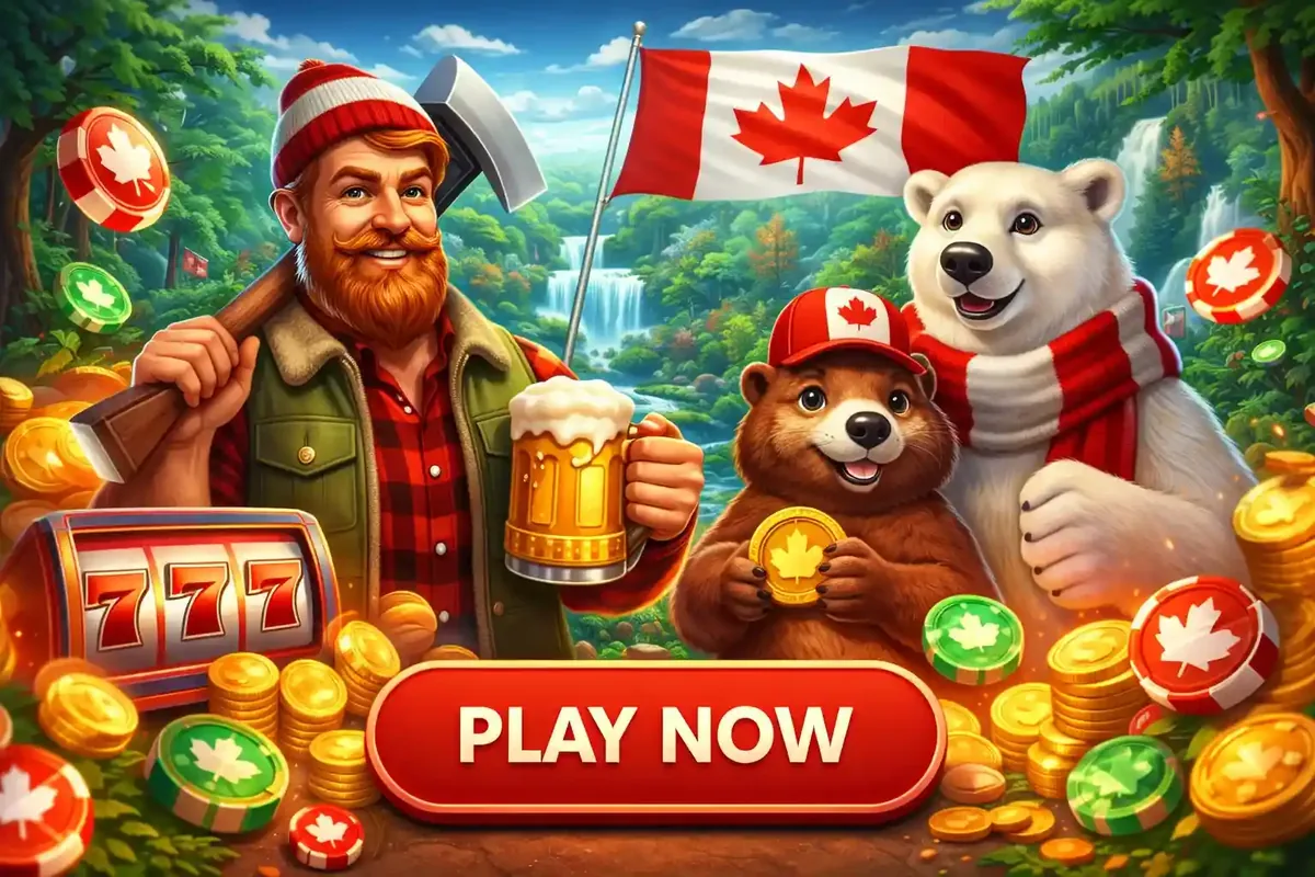 Canadian themed casino gaming with lumberjack wildlife characters maple leaf flag and natural forest backdrop