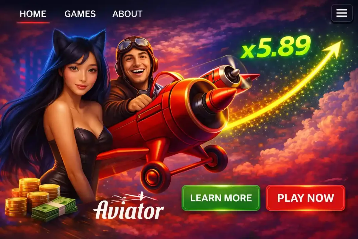 Aviator instant game showing x5.89 multiplier with red plane and elegant characters