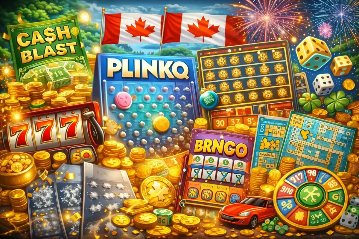 Diverse Canadian instant games including Plinko bingo slots and scratch cards with Canadian flags
