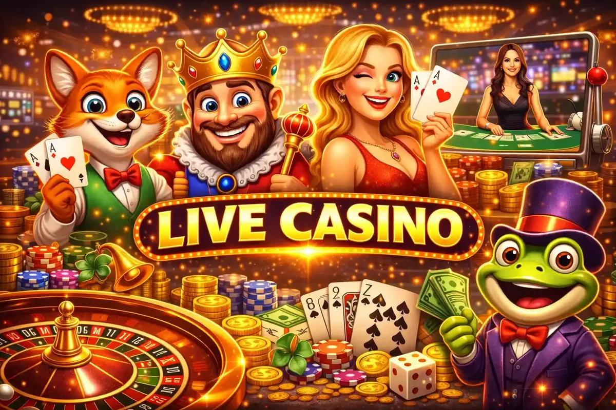 Cheerful animated live casino characters including fox king blonde woman and frog with playing cards