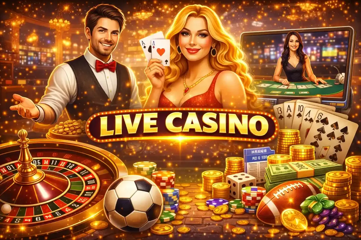 Glamorous live casino experience with professional dealers roulette wheel and various table games