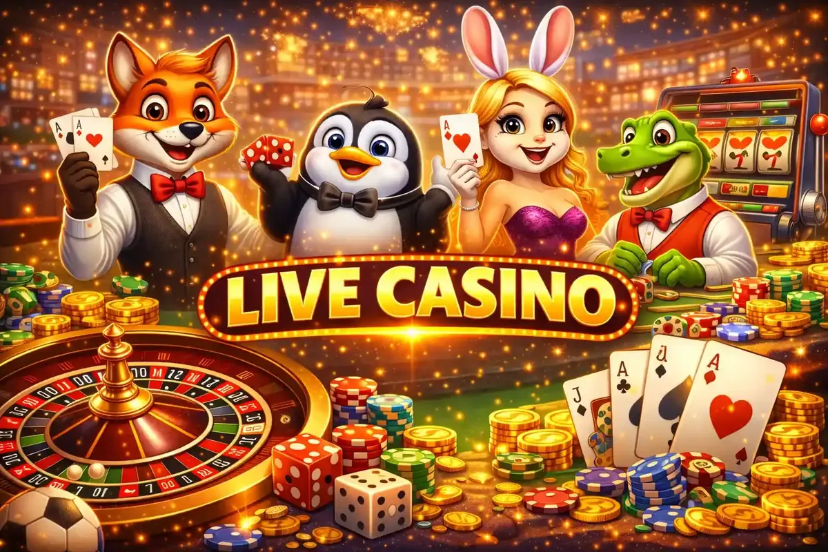 Friendly live casino mascots featuring fox penguin bunny girl and crocodile with roulette and cards