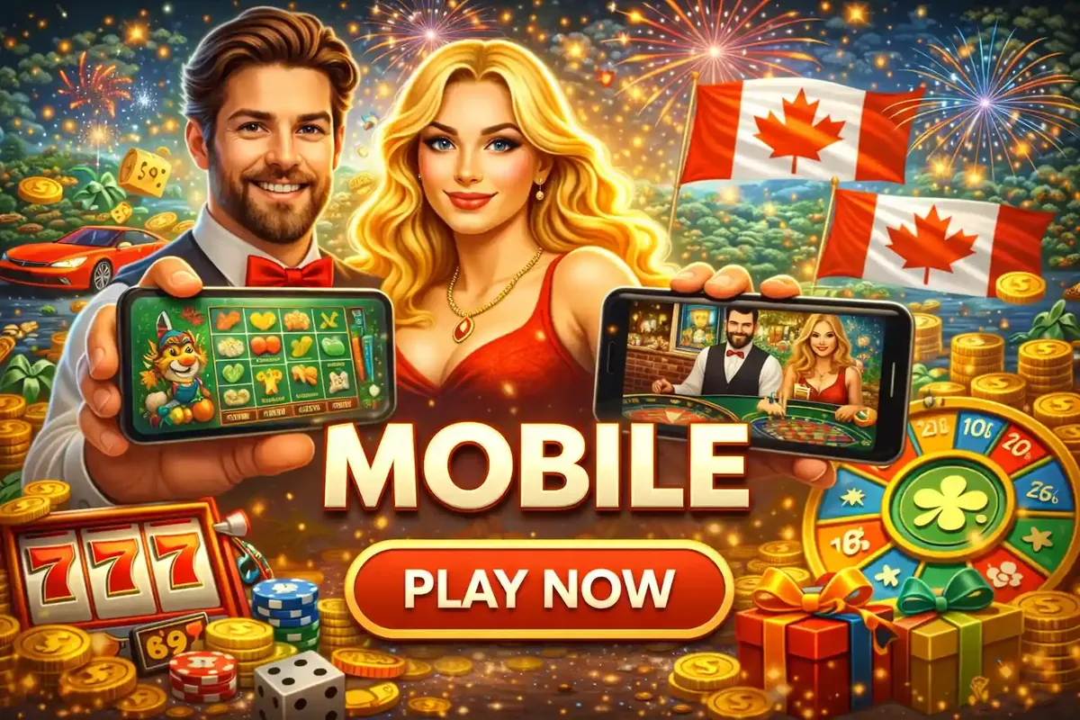 Canadian mobile casino featuring elegant couple holding smartphones with slots and live casino games