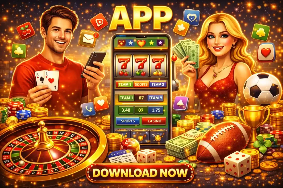 All in one casino app interface showing slots sports betting and casino games with DOWNLOAD NOW button