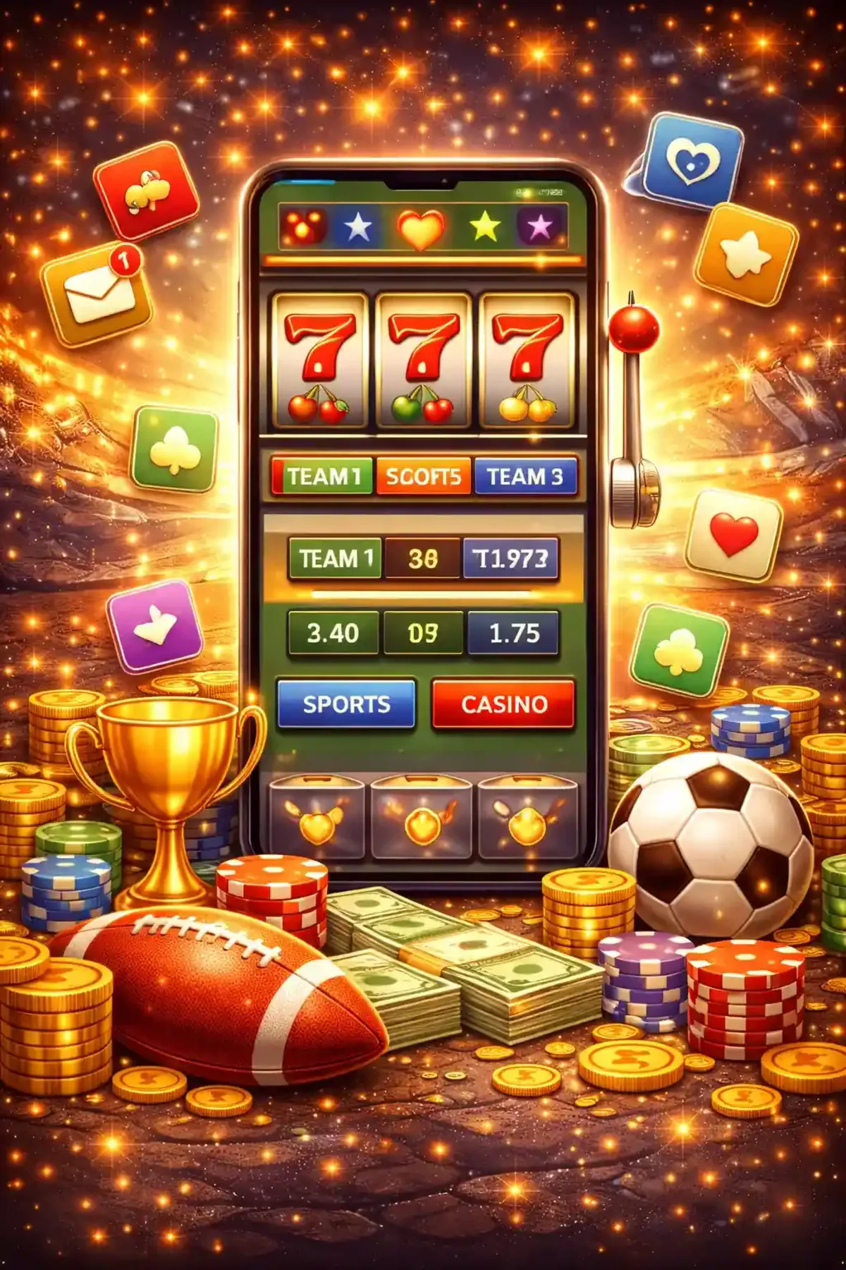 Detailed mobile slot machine screen with triple sevens sports and casino buttons surrounded by coins