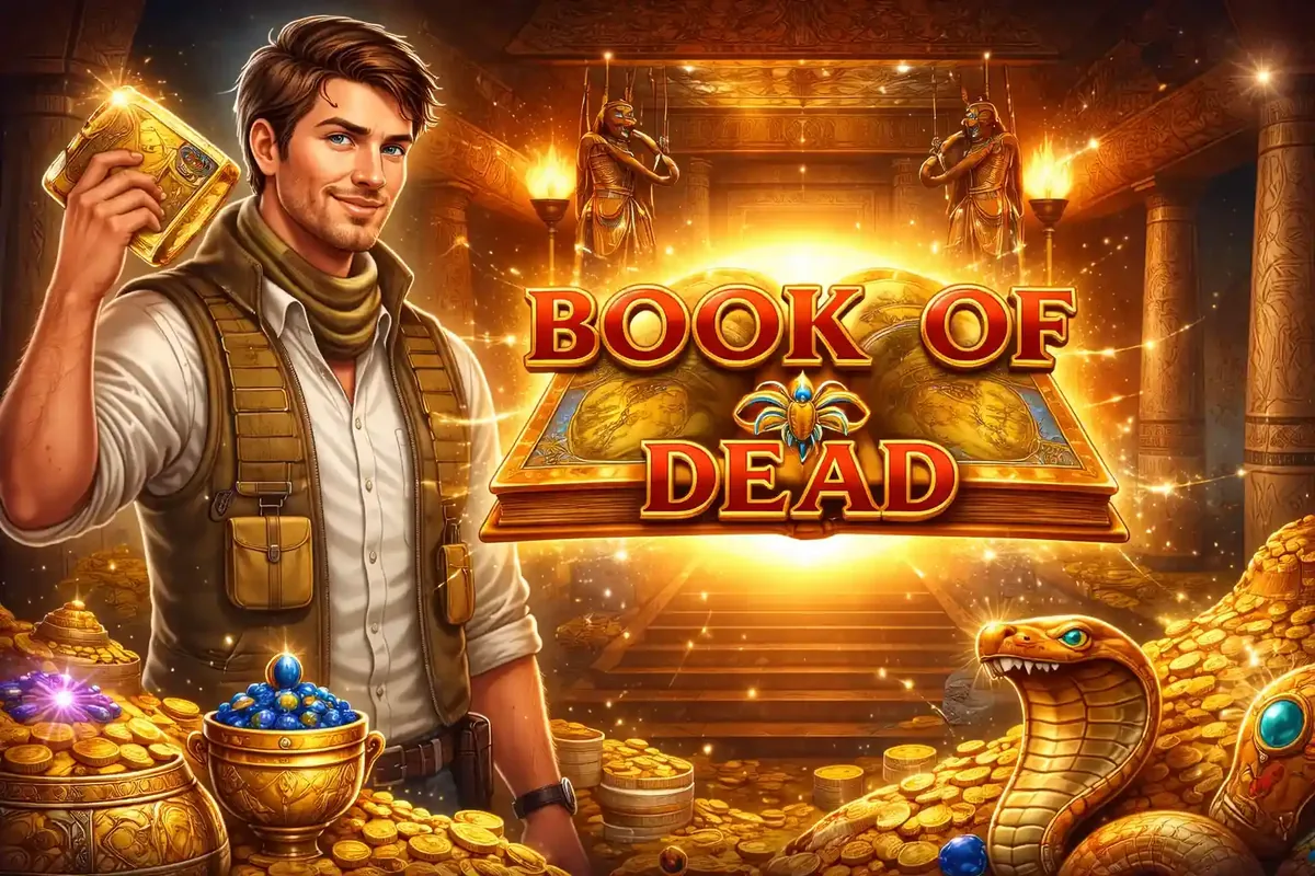 Book of Dead slot game featuring explorer with golden card in Egyptian temple filled with treasures