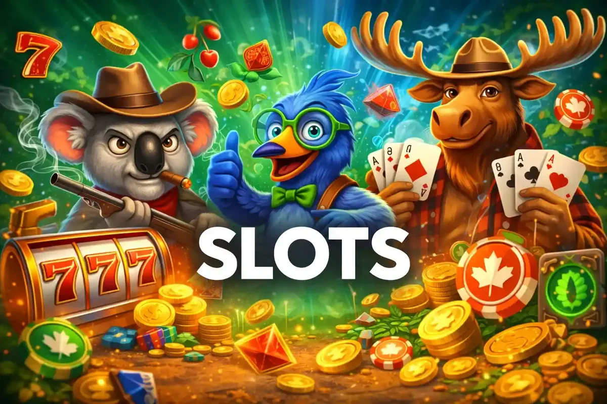 Vibrant Canadian wildlife themed slot games with koala bird and moose characters holding playing cards