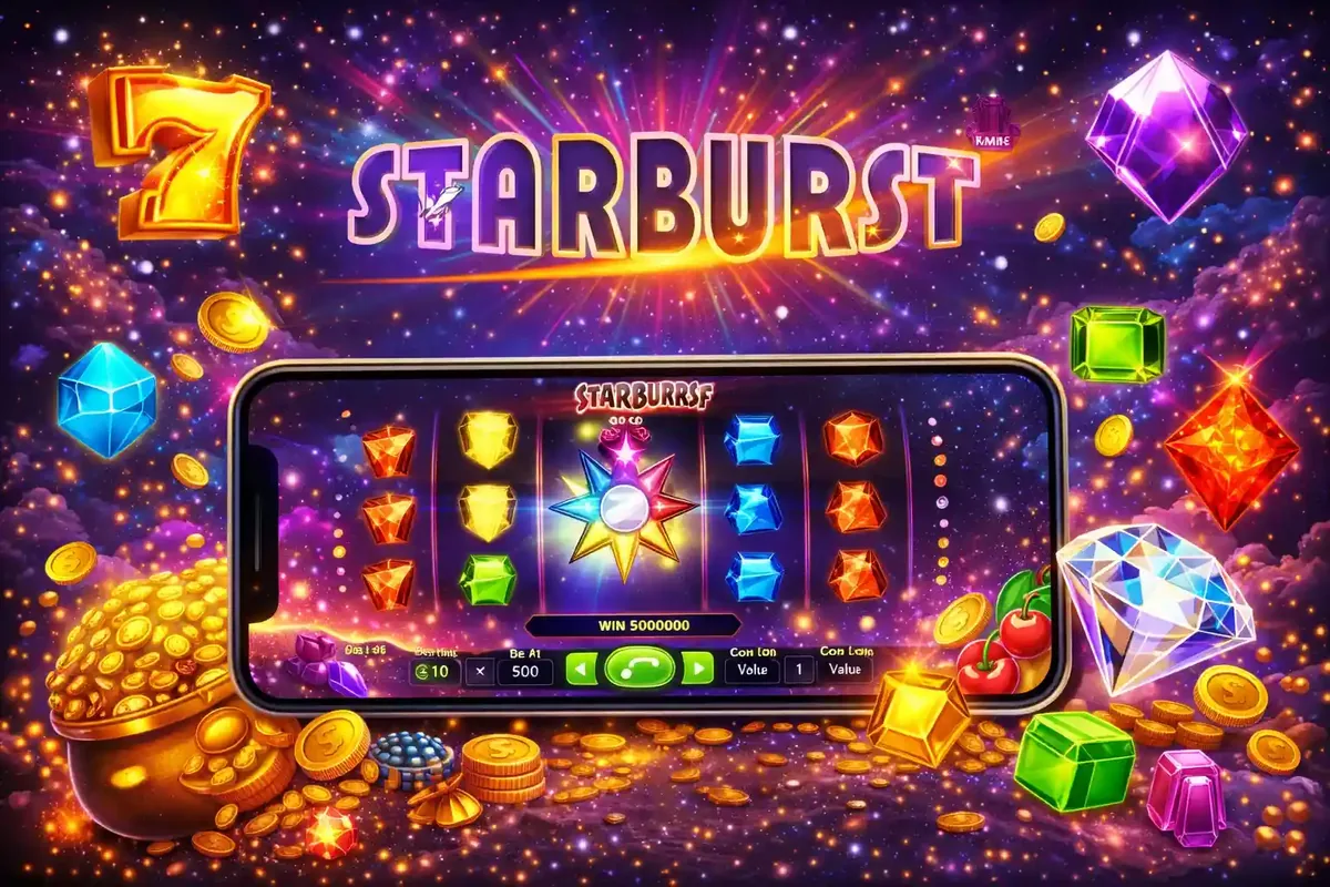 Starburst slot game displayed on mobile phone with colorful gems and cosmic background