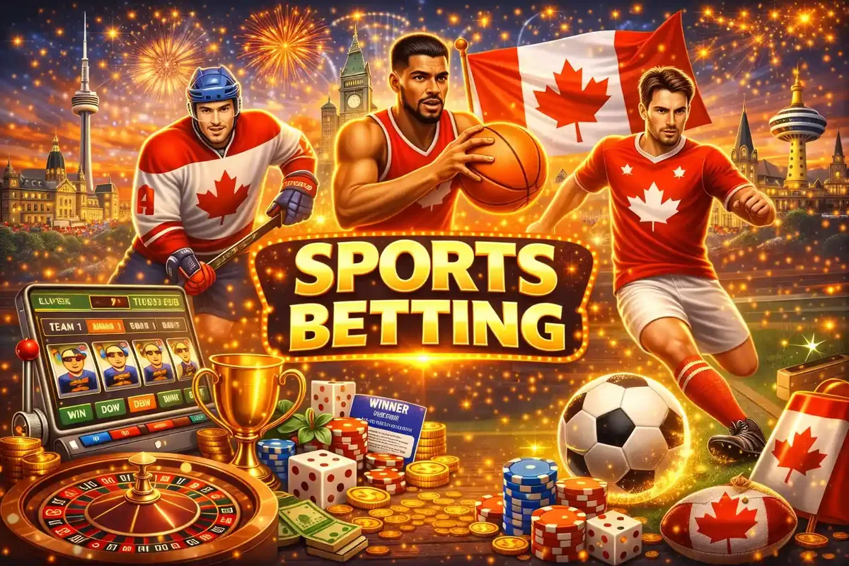 Canadian sports betting showcase with hockey basketball and soccer players against Toronto skyline backdrop