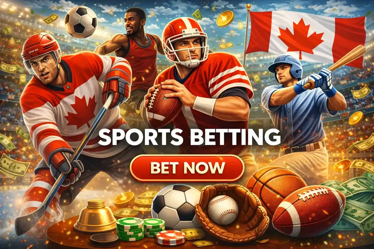 Canadian sports betting featuring hockey football basketball and baseball with maple leaf flag
