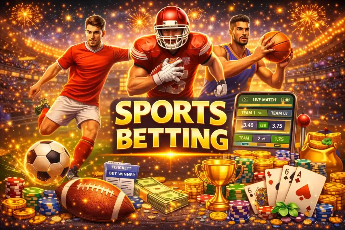 Dynamic sports betting scene with soccer football basketball players and live betting interface